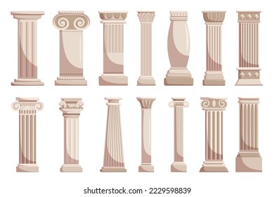 Antique Pillars Isolated On White Background. Ancient Classic Columns Of Roman Or Greece Architecture With Groove Ornament, Marble or Stone Temple Facade Design Elements. Cartoon Vector Illustration