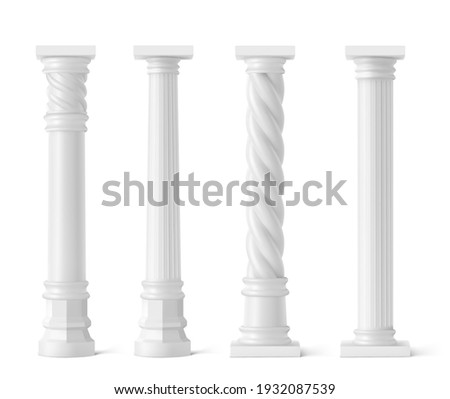 Antique pillars isolated on white background. Ancient classic stone columns of roman or greece architecture with twisted and groove ornament for interior facade design, Realistic 3d vector mockup, set