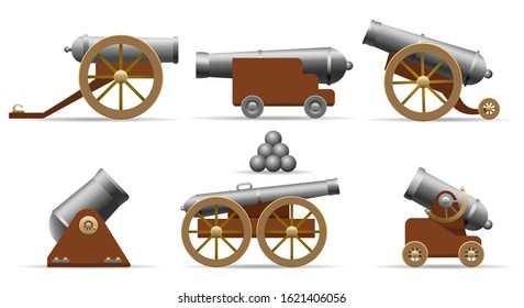 Antique pirate cannons. Cartoon medieval cannon set with cannonballs isolated on white background for old ships firing battle, vector illustration