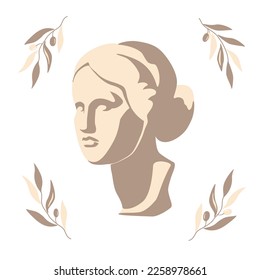 Antique plaster Aphrodite statue head portrait modern vector illustration. Greek love goddes Venus sculpture graphic stylization with light and shadow.