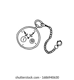 Antique pocket clock, watch hand drawn icon. Stock vector hand drawn illustration, isolated on white background. Simple outline doodle design.