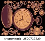 Antique pocket mechanical watches and gears. Design set. Editable hand drawn illustration. Vector vintage engraving. Isolated on black background. 8 EPS