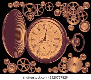 Antiguos relojes mecánicos de bolsillo y engranajes. Conjunto de diseño. Ilustración dibujada a mano editable. Grabado vintage de Vector. Aislado sobre fondo negro. 8 EPS