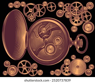 Antike mechanische Taschenuhren und Zahnräder. Design-Set. Bearbeitbare handgezeichnete Illustration. Vektor Vintage Gravur. Einzeln auf schwarzem Hintergrund. 8 EPS