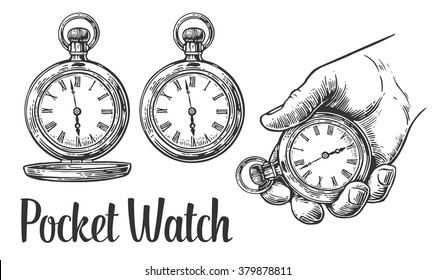 Antique pocket watch. Engraving vintage vector black illustration. Isolated on white background. Hand drawn design element for label and poster