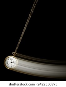 An antique pocket watch on a chain on a black background swinging like a pendulum and leaving a trail of light behind it. Time concept poster. Vector Illustration