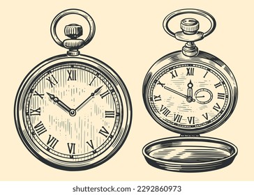 Antique pocket watch, retro clock. Time concept. Vector vintage engraved illustration