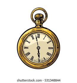 Antique pocket watch. . Vintage vector color engraving illustration for info graphic, poster, web. Isolated on white background.