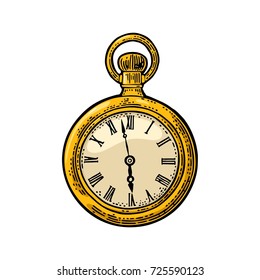 Antique pocket watch. Vintage vector color engraving illustration for info graphic, poster, web. Isolated on white background.