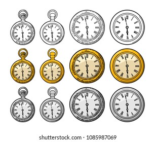 Antique pocket watch and wall clock. Vintage vector color and black engraving illustration for info graphic, poster, web. Isolated on white background. Hand drawn design element for label and poster