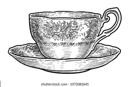 Antique Porcelain Cup Of Tea Illustration, Drawing, Engraving, Ink, Line Art, Vector
