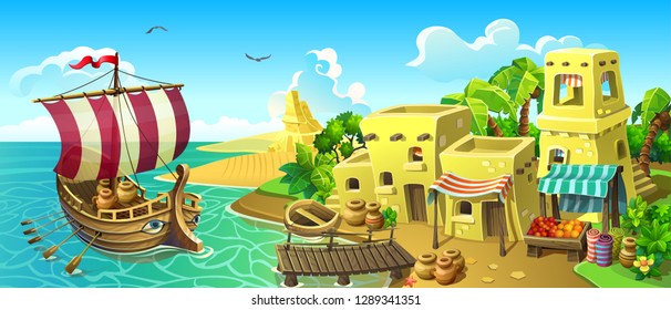 Antique port town with market and harbor. A trading sailing ship moor to the port. Sandy coast with stone houses and palm trees. Vector.