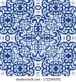 Antique portuguese azulejo ceramic. Bathroom design. Vector seamless pattern watercolor. Blue floral and abstract decor for scrapbooking, smartphone cases, T-shirts, bags or linens.