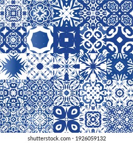 Antique portuguese azulejo ceramic. Bathroom design. Collection of vector seamless patterns. Blue floral and abstract decor for scrapbooking, smartphone cases, T-shirts, bags or linens.