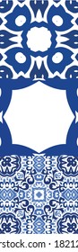 Antique portuguese azulejo ceramic. Collection of vector seamless patterns. Graphic design. Blue floral and abstract decor for scrapbooking, smartphone cases, T-shirts, bags or linens.