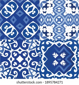 Antique portuguese azulejo ceramic. Collection of vector seamless patterns. Bathroom design. Blue floral and abstract decor for scrapbooking, smartphone cases, T-shirts, bags or linens.