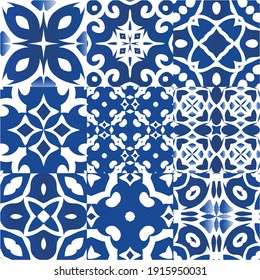 Antique portuguese azulejo ceramic. Collection of vector seamless patterns. Fashionable design. Blue floral and abstract decor for scrapbooking, smartphone cases, T-shirts, bags or linens.
