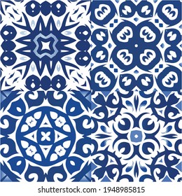 Antique portuguese azulejo ceramic. Collection of vector seamless patterns. Colored design. Blue floral and abstract decor for scrapbooking, smartphone cases, T-shirts, bags or linens.