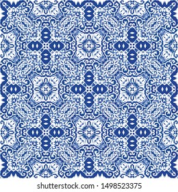 Antique portuguese azulejo ceramic. Colored design. Vector seamless pattern flyer. Blue floral and abstract decor for scrapbooking, smartphone cases, T-shirts, bags or linens.