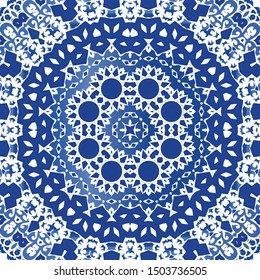 Antique portuguese azulejo ceramic. Colored design. Vector seamless pattern flyer. Blue floral and abstract decor for scrapbooking, smartphone cases, T-shirts, bags or linens.