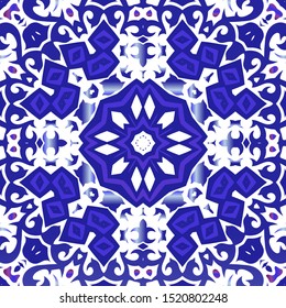 Antique portuguese azulejo ceramic. Colored design. Vector seamless pattern flyer. Blue floral and abstract decor for scrapbooking, smartphone cases, T-shirts, bags or linens.