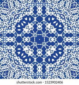 Antique portuguese azulejo ceramic. Colored design. Vector seamless pattern flyer. Blue floral and abstract decor for scrapbooking, smartphone cases, T-shirts, bags or linens.