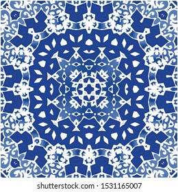 Antique portuguese azulejo ceramic. Colored design. Vector seamless pattern flyer. Blue floral and abstract decor for scrapbooking, smartphone cases, T-shirts, bags or linens.