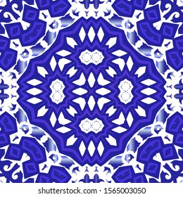 Antique portuguese azulejo ceramic. Colored design. Vector seamless pattern flyer. Blue floral and abstract decor for scrapbooking, smartphone cases, T-shirts, bags or linens.
