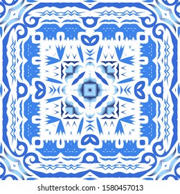 Antique portuguese azulejo ceramic. Colored design. Vector seamless pattern flyer. Blue floral and abstract decor for scrapbooking, smartphone cases, T-shirts, bags or linens.