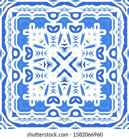 Antique portuguese azulejo ceramic. Colored design. Vector seamless pattern flyer. Blue floral and abstract decor for scrapbooking, smartphone cases, T-shirts, bags or linens.