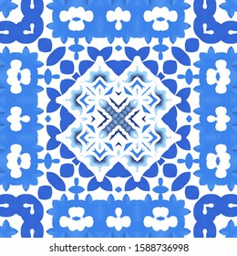 Antique portuguese azulejo ceramic. Colored design. Vector seamless pattern flyer. Blue floral and abstract decor for scrapbooking, smartphone cases, T-shirts, bags or linens.