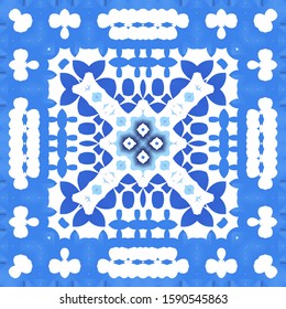 Antique portuguese azulejo ceramic. Colored design. Vector seamless pattern flyer. Blue floral and abstract decor for scrapbooking, smartphone cases, T-shirts, bags or linens.