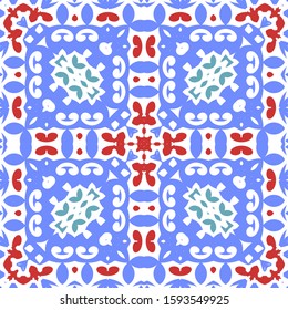 Antique portuguese azulejo ceramic. Colored design. Vector seamless pattern flyer. Blue floral and abstract decor for scrapbooking, smartphone cases, T-shirts, bags or linens.