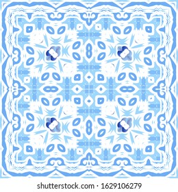 Antique portuguese azulejo ceramic. Colored design. Vector seamless pattern flyer. Blue floral and abstract decor for scrapbooking, smartphone cases, T-shirts, bags or linens.
