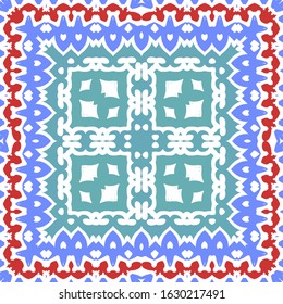 Antique portuguese azulejo ceramic. Colored design. Vector seamless pattern flyer. Blue floral and abstract decor for scrapbooking, smartphone cases, T-shirts, bags or linens.