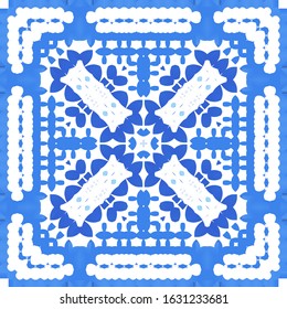 Antique portuguese azulejo ceramic. Colored design. Vector seamless pattern flyer. Blue floral and abstract decor for scrapbooking, smartphone cases, T-shirts, bags or linens.
