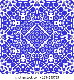 Antique portuguese azulejo ceramic. Colored design. Vector seamless pattern flyer. Blue floral and abstract decor for scrapbooking, smartphone cases, T-shirts, bags or linens.