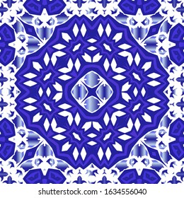 Antique portuguese azulejo ceramic. Colored design. Vector seamless pattern flyer. Blue floral and abstract decor for scrapbooking, smartphone cases, T-shirts, bags or linens.