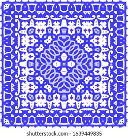 Antique portuguese azulejo ceramic. Colored design. Vector seamless pattern flyer. Blue floral and abstract decor for scrapbooking, smartphone cases, T-shirts, bags or linens.