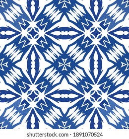 Antique portuguese azulejo ceramic. Colored design. Vector seamless pattern watercolor. Blue floral and abstract decor for scrapbooking, smartphone cases, T-shirts, bags or linens.