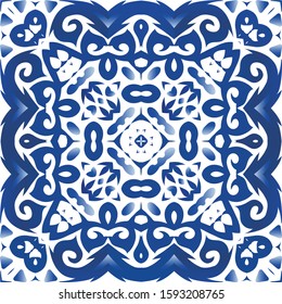 Antique portuguese azulejo ceramic. Creative design. Vector seamless pattern illustration. Blue floral and abstract decor for scrapbooking, smartphone cases, T-shirts, bags or linens.