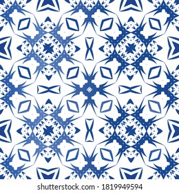 Antique portuguese azulejo ceramic. Creative design. Vector seamless pattern trellis. Blue floral and abstract decor for scrapbooking, smartphone cases, T-shirts, bags or linens.