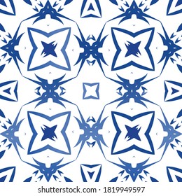 Antique portuguese azulejo ceramic. Creative design. Vector seamless pattern trellis. Blue floral and abstract decor for scrapbooking, smartphone cases, T-shirts, bags or linens.