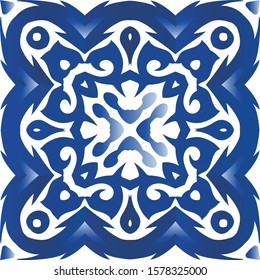Antique portuguese azulejo ceramic. Fashionable design. Vector seamless pattern flyer. Blue floral and abstract decor for scrapbooking, smartphone cases, T-shirts, bags or linens.