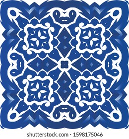 Antique portuguese azulejo ceramic. Fashionable design. Vector seamless pattern frame. Blue floral and abstract decor for scrapbooking, smartphone cases, T-shirts, bags or linens.