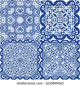 Antique portuguese azulejo ceramic. Fashionable design. Collection of vector seamless patterns. Blue floral and abstract decor for scrapbooking, smartphone cases, T-shirts, bags or linens.
