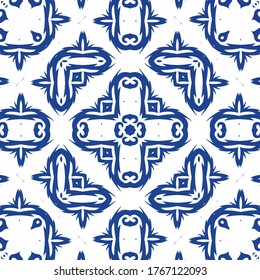 Antique portuguese azulejo ceramic. Fashionable design. Vector seamless pattern collage. Blue floral and abstract decor for scrapbooking, smartphone cases, T-shirts, bags or linens.
