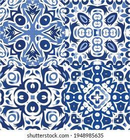 Antique portuguese azulejo ceramic. Fashionable design. Kit of vector seamless patterns. Blue floral and abstract decor for scrapbooking, smartphone cases, T-shirts, bags or linens.