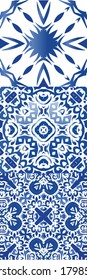 Antique portuguese azulejo ceramic. Geometric design. Kit of vector seamless patterns. Blue floral and abstract decor for scrapbooking, smartphone cases, T-shirts, bags or linens.