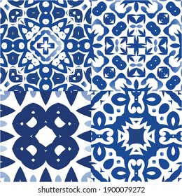 Antique portuguese azulejo ceramic. Geometric design. Collection of vector seamless patterns. Blue floral and abstract decor for scrapbooking, smartphone cases, T-shirts, bags or linens.